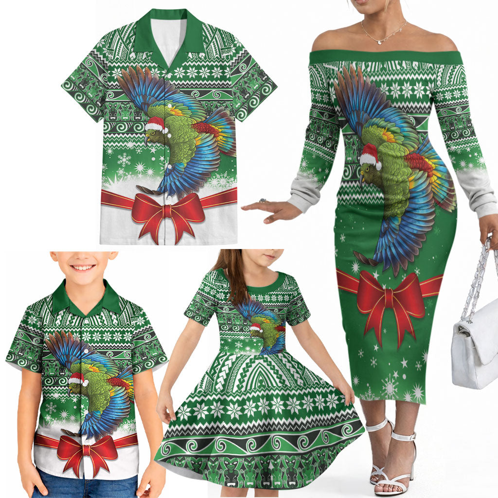 New Zealand Kea Bird Christmas Family Matching Off The Shoulder Long Sleeve Dress and Hawaiian Shirt Maori Inspired Knitted Patterns