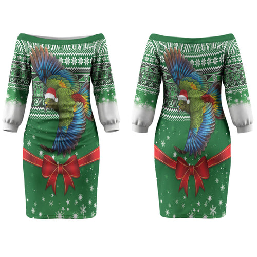 New Zealand Kea Bird Christmas Family Matching Off The Shoulder Long Sleeve Dress and Hawaiian Shirt Maori Inspired Knitted Patterns