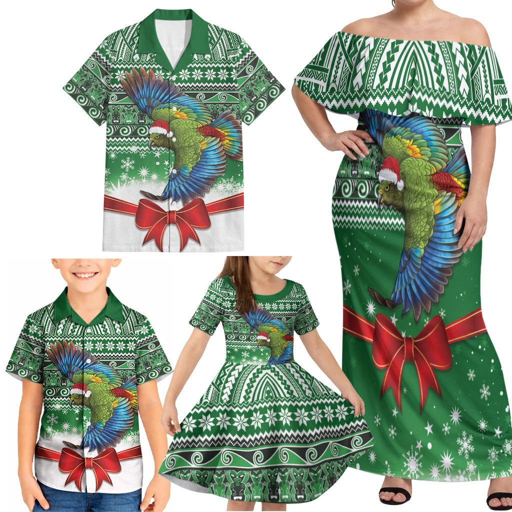 New Zealand Kea Bird Christmas Family Matching Off Shoulder Maxi Dress and Hawaiian Shirt Maori Inspired Knitted Patterns