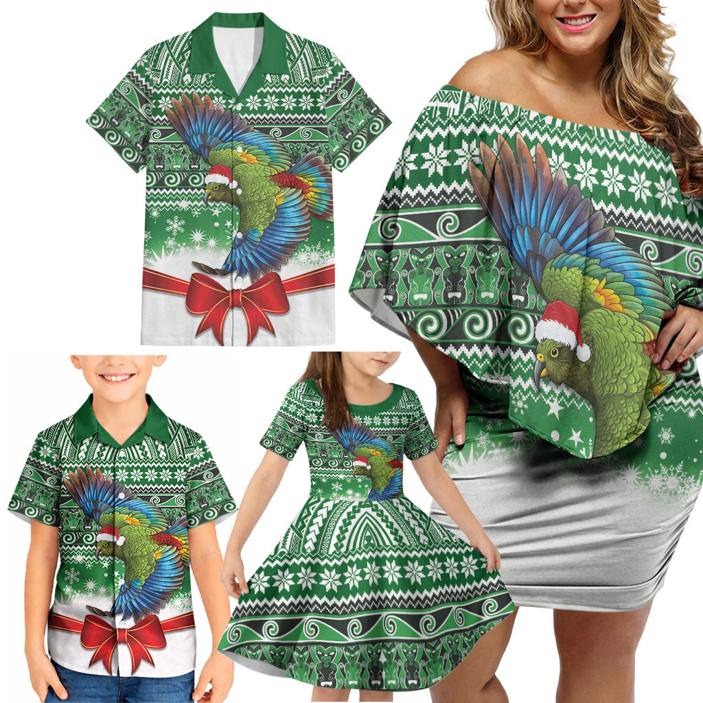 New Zealand Kea Bird Christmas Family Matching Off Shoulder Short Dress and Hawaiian Shirt Maori Inspired Knitted Patterns