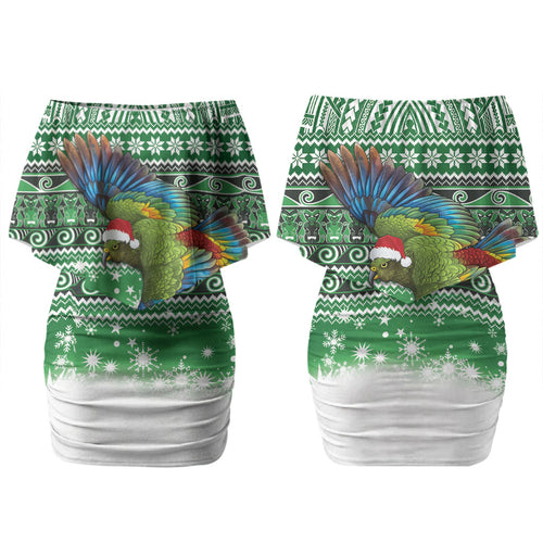 New Zealand Kea Bird Christmas Family Matching Off Shoulder Short Dress and Hawaiian Shirt Maori Inspired Knitted Patterns