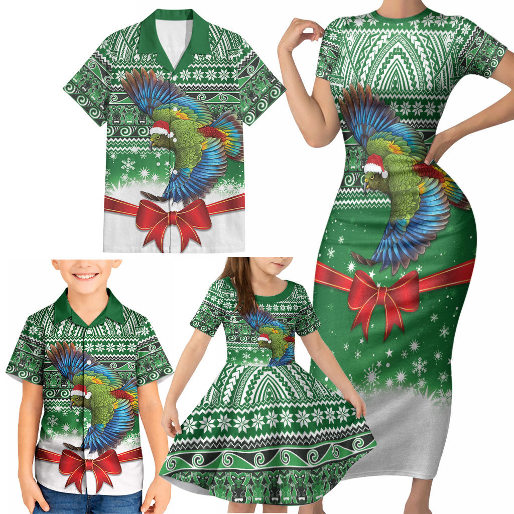 New Zealand Kea Bird Christmas Family Matching Short Sleeve Bodycon Dress and Hawaiian Shirt Maori Inspired Knitted Patterns