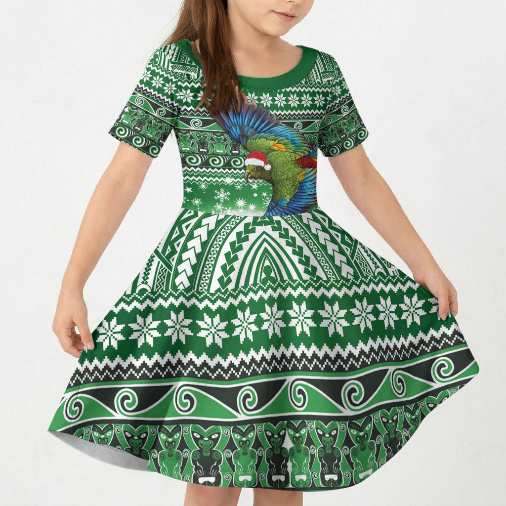 New Zealand Kea Bird Christmas Kid Short Sleeve Dress Maori Inspired Knitted Patterns