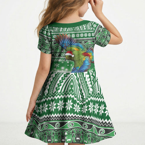 New Zealand Kea Bird Christmas Kid Short Sleeve Dress Maori Inspired Knitted Patterns