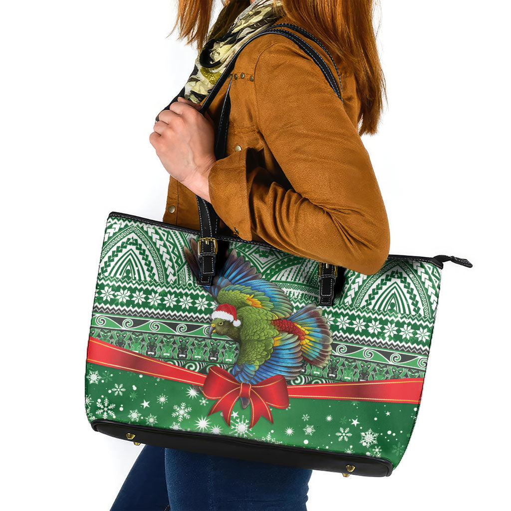 New Zealand Kea Bird Christmas Leather Tote Bag Maori Inspired Knitted Patterns