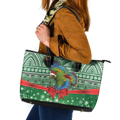 New Zealand Kea Bird Christmas Leather Tote Bag Maori Inspired Knitted Patterns