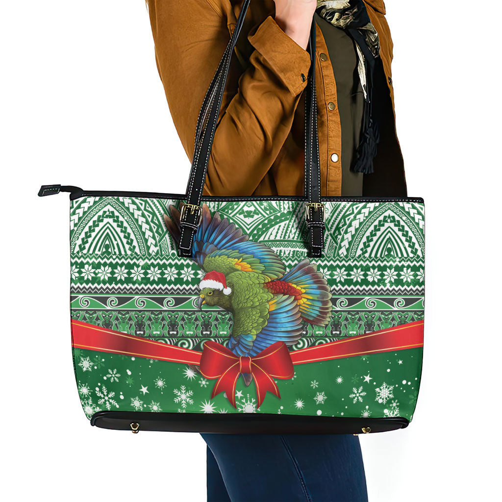 New Zealand Kea Bird Christmas Leather Tote Bag Maori Inspired Knitted Patterns