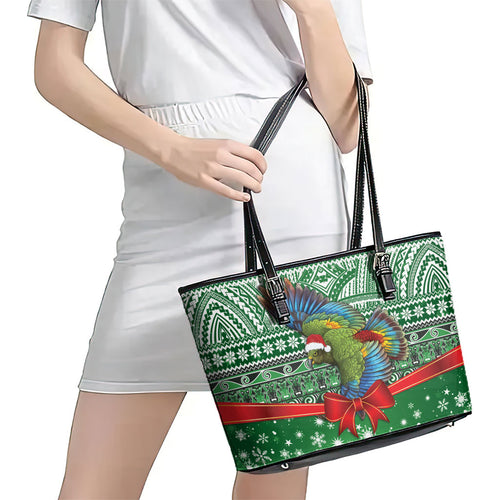 New Zealand Kea Bird Christmas Leather Tote Bag Maori Inspired Knitted Patterns