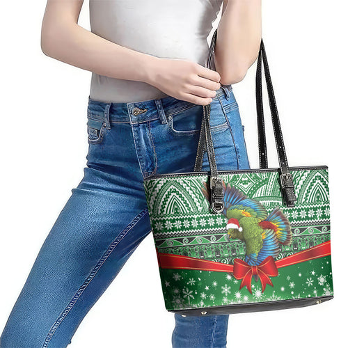 New Zealand Kea Bird Christmas Leather Tote Bag Maori Inspired Knitted Patterns