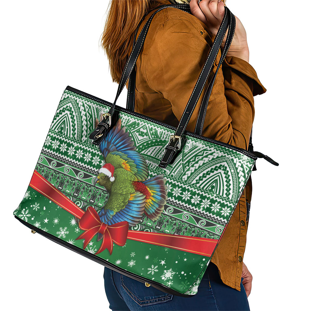New Zealand Kea Bird Christmas Leather Tote Bag Maori Inspired Knitted Patterns