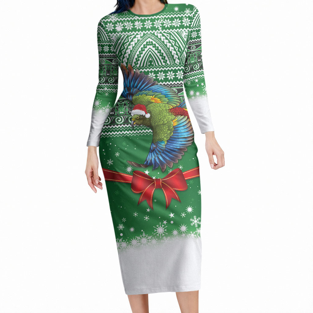 New Zealand Kea Bird Christmas Long Sleeve Bodycon Dress Maori Inspired Knitted Patterns