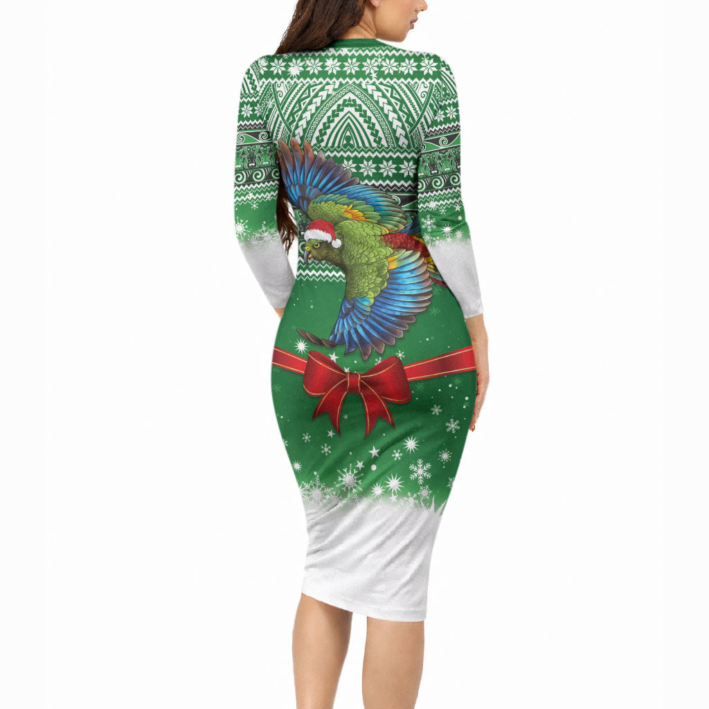 New Zealand Kea Bird Christmas Long Sleeve Bodycon Dress Maori Inspired Knitted Patterns