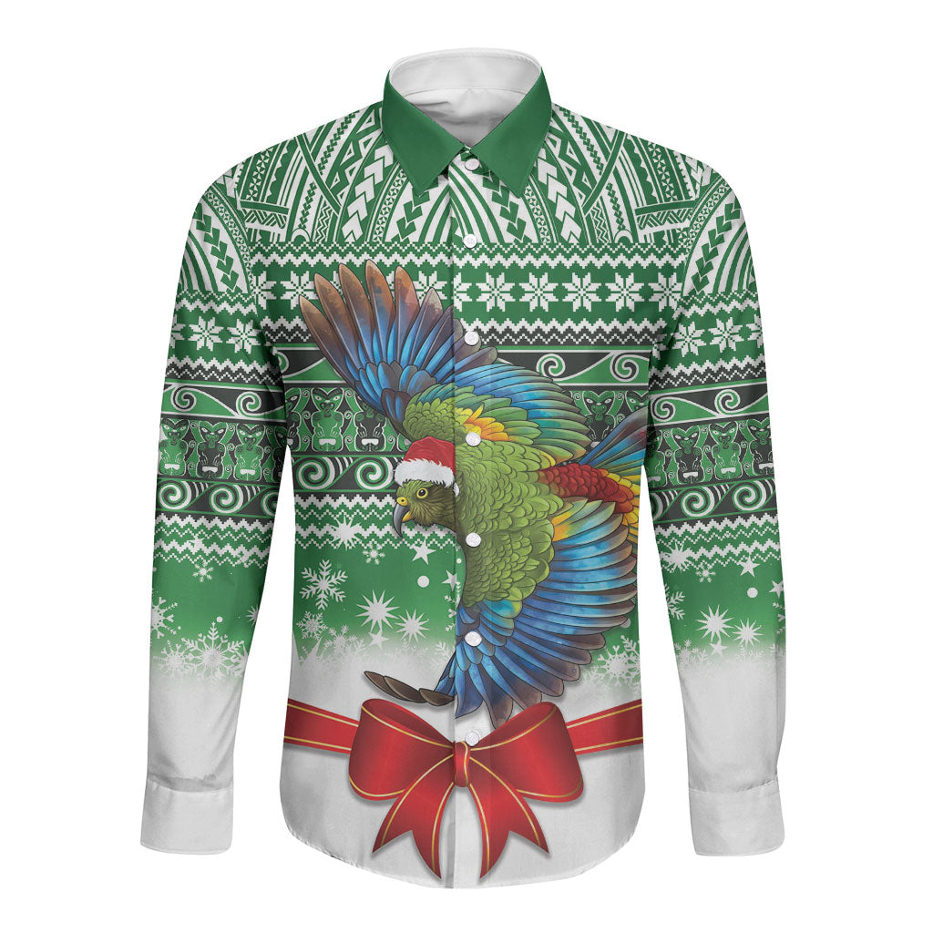New Zealand Kea Bird Christmas Long Sleeve Button Shirt Maori Inspired Knitted Patterns