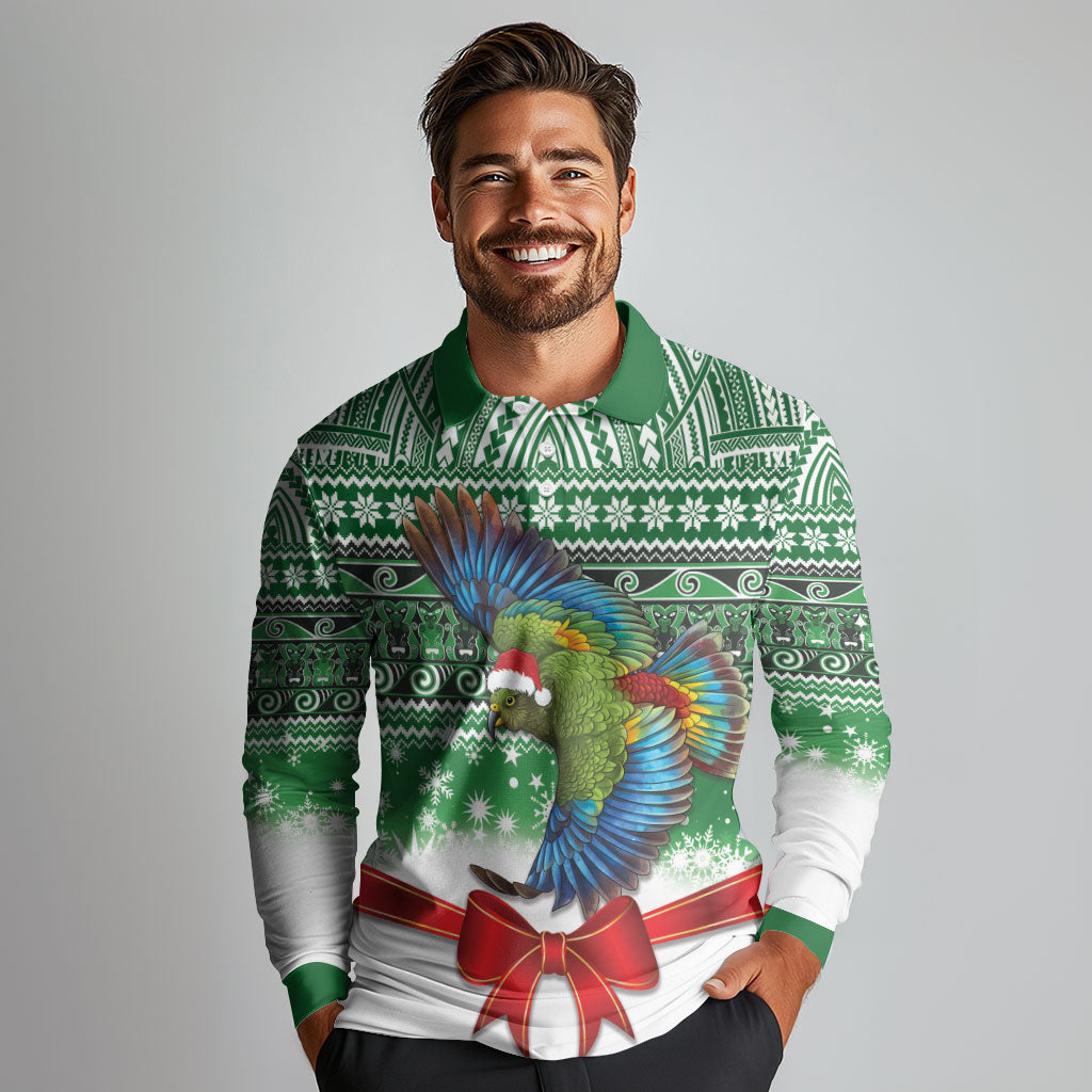New Zealand Kea Bird Christmas Long Sleeve Polo Shirt Maori Inspired Knitted Patterns