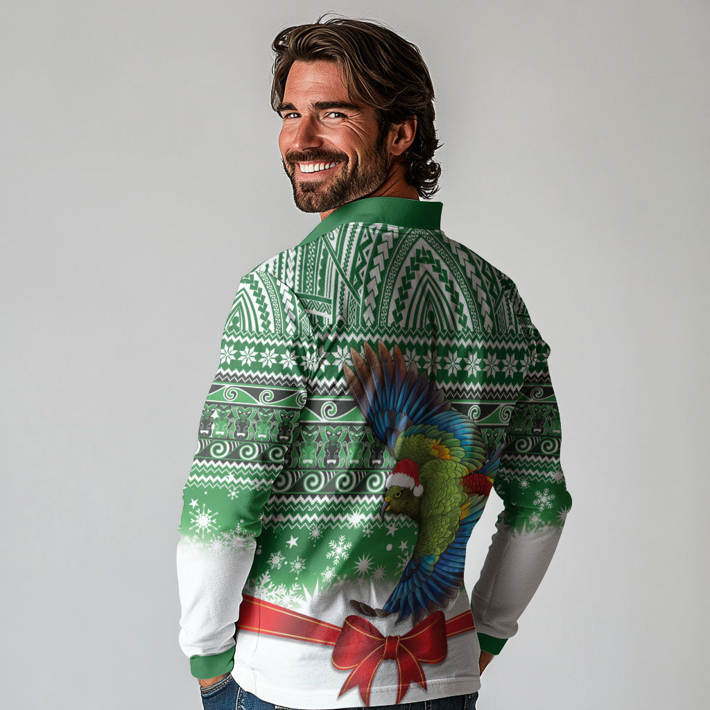 New Zealand Kea Bird Christmas Long Sleeve Polo Shirt Maori Inspired Knitted Patterns