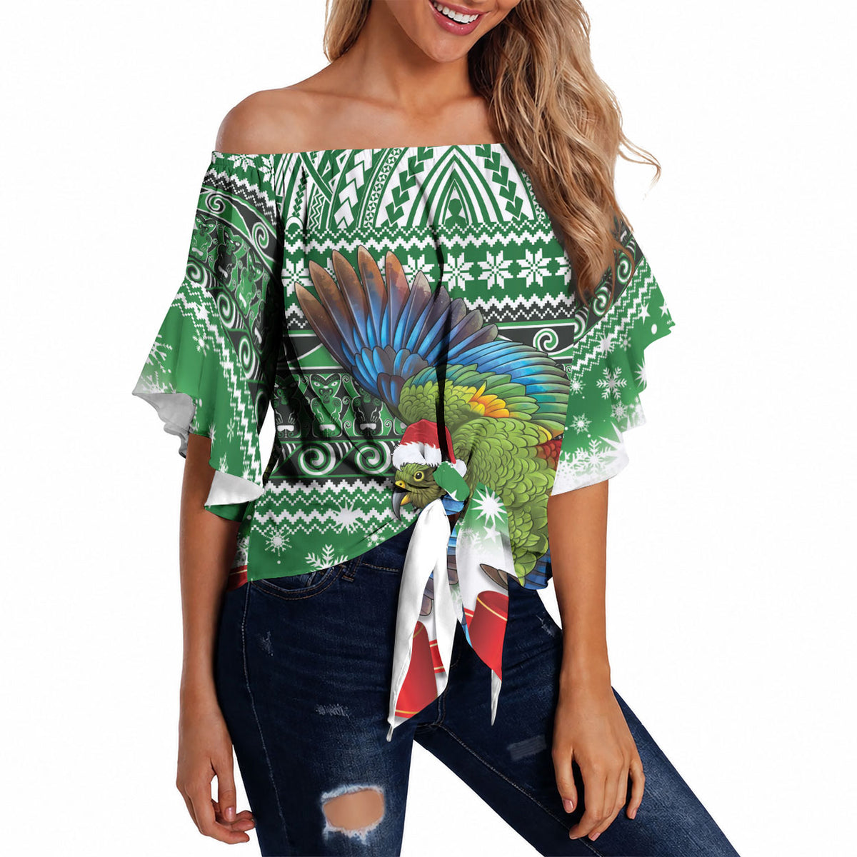 New Zealand Kea Bird Christmas Off Shoulder Wrap Waist Top Maori Inspired Knitted Patterns