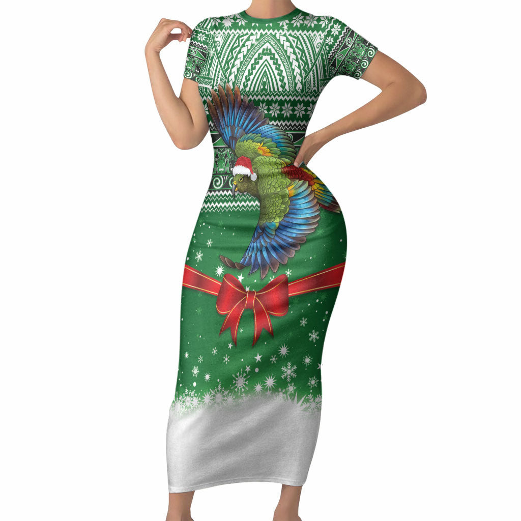New Zealand Kea Bird Christmas Short Sleeve Bodycon Dress Maori Inspired Knitted Patterns