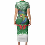 New Zealand Kea Bird Christmas Short Sleeve Bodycon Dress Maori Inspired Knitted Patterns