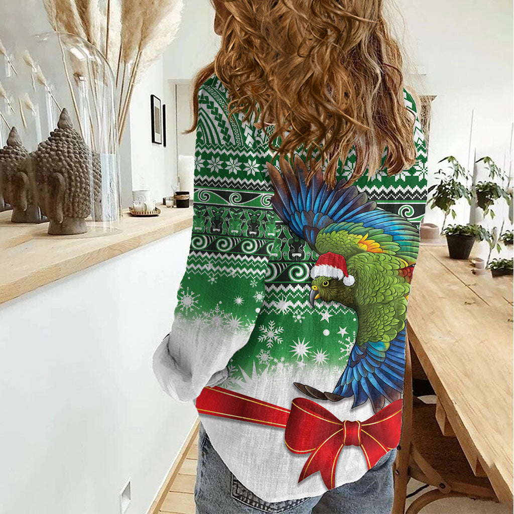 New Zealand Kea Bird Christmas Women Casual Shirt Maori Inspired Knitted Patterns