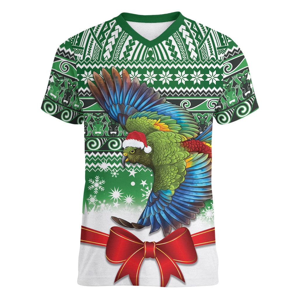 New Zealand Kea Bird Christmas Women V-Neck T-Shirt Maori Inspired Knitted Patterns