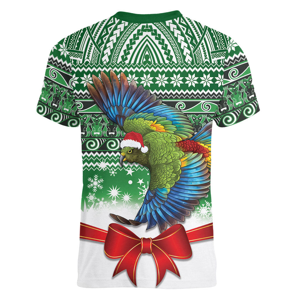 New Zealand Kea Bird Christmas Women V-Neck T-Shirt Maori Inspired Knitted Patterns