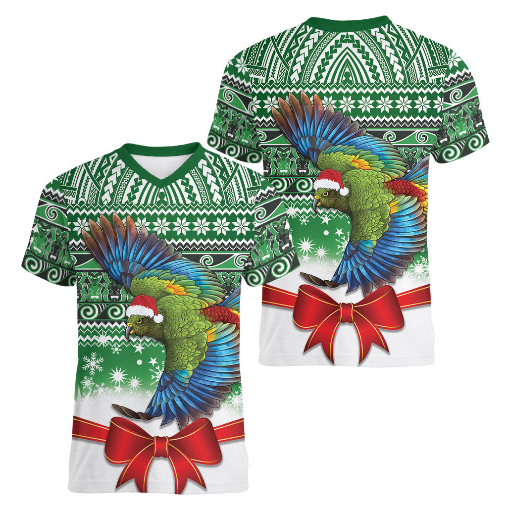 New Zealand Kea Bird Christmas Women V-Neck T-Shirt Maori Inspired Knitted Patterns