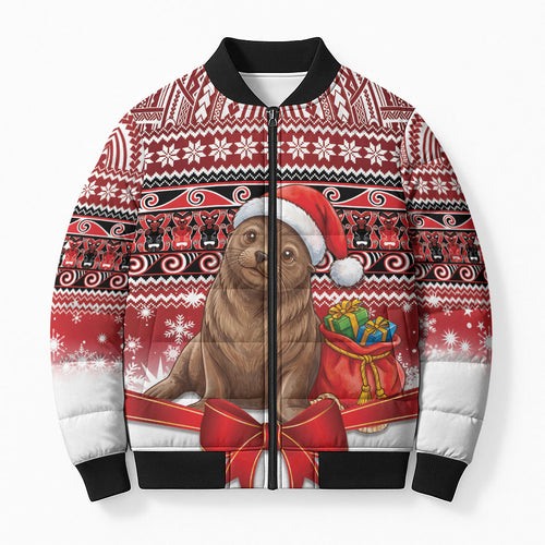New Zealand Kekeno Seal Christmas Bomber Puffer Jacket Maori Inspired Knitted Patterns