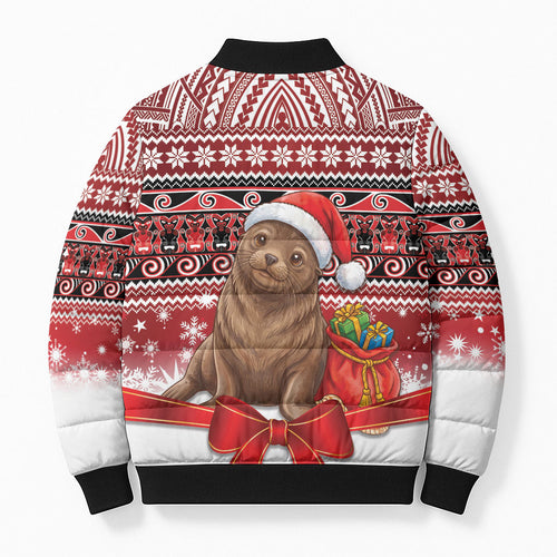 New Zealand Kekeno Seal Christmas Bomber Puffer Jacket Maori Inspired Knitted Patterns