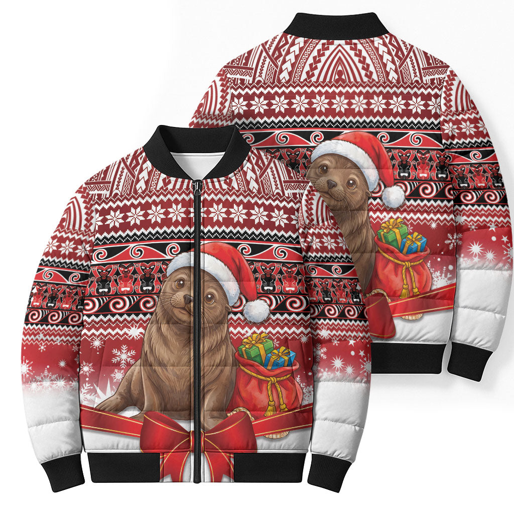 New Zealand Kekeno Seal Christmas Bomber Puffer Jacket Maori Inspired Knitted Patterns
