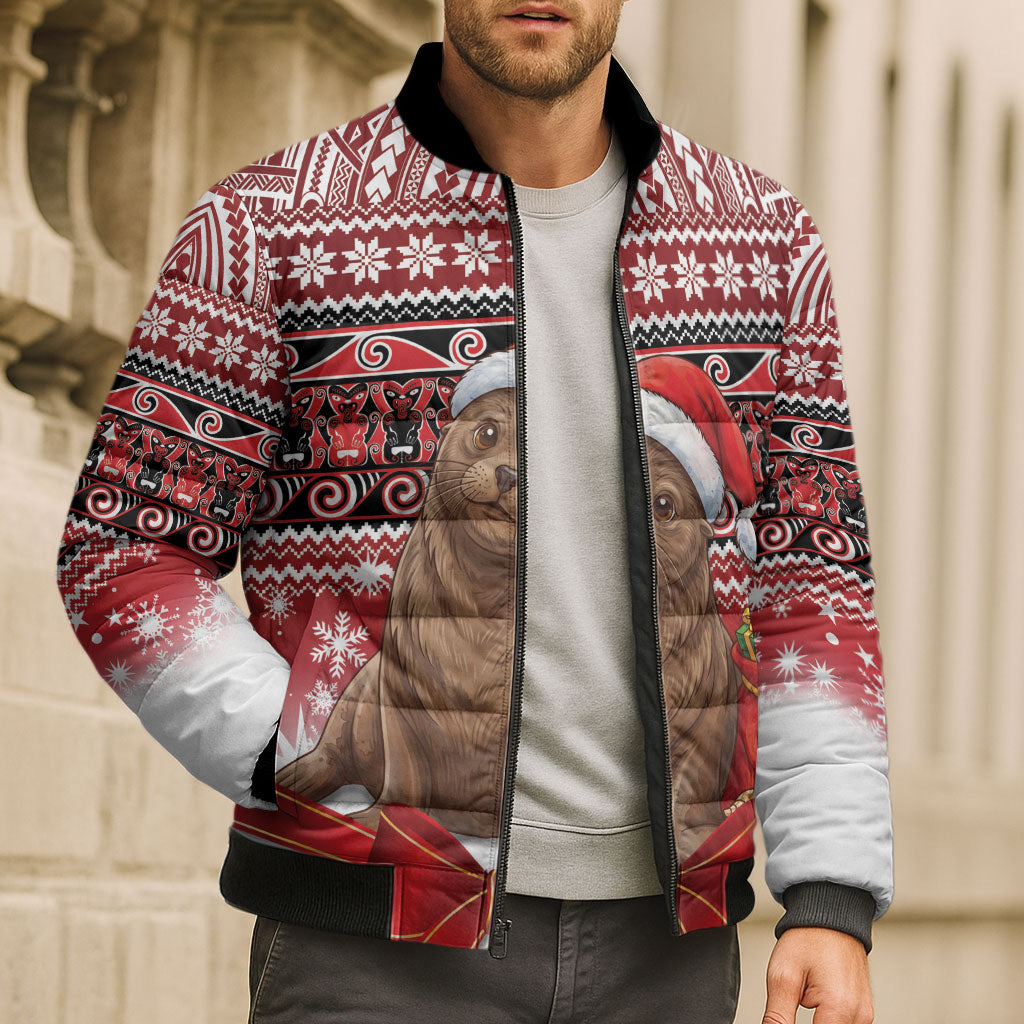 New Zealand Kekeno Seal Christmas Bomber Puffer Jacket Maori Inspired Knitted Patterns