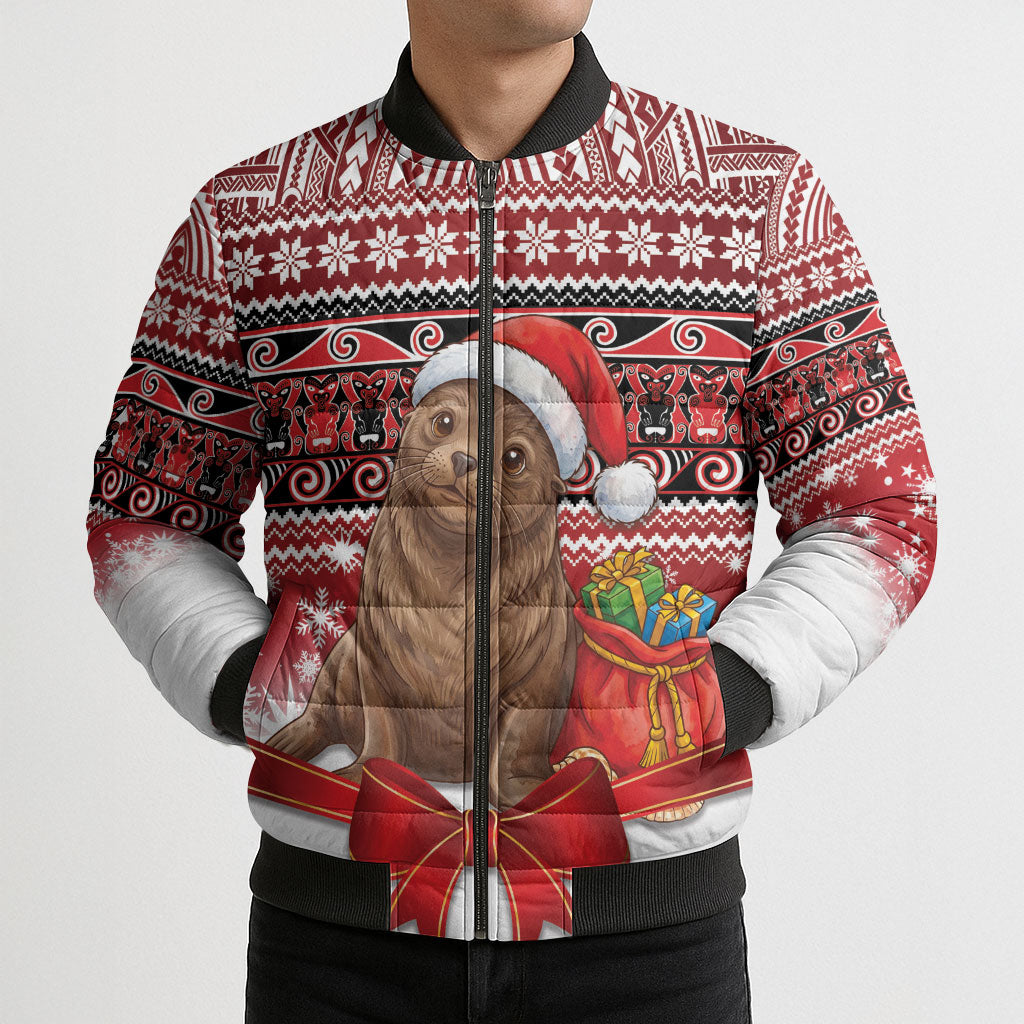 New Zealand Kekeno Seal Christmas Bomber Puffer Jacket Maori Inspired Knitted Patterns
