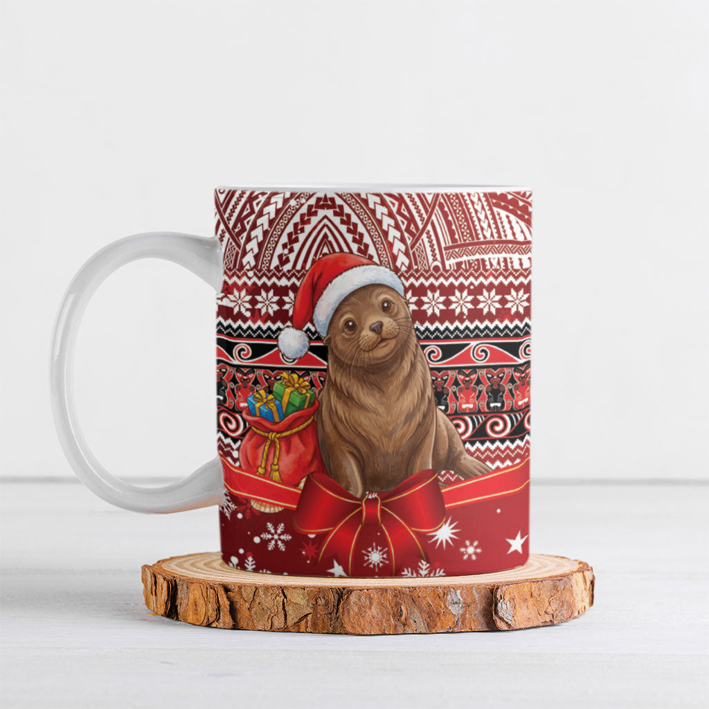New Zealand Kekeno Seal Christmas Ceramic Mug Maori Inspired Knitted Patterns