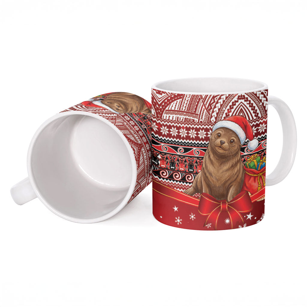 New Zealand Kekeno Seal Christmas Ceramic Mug Maori Inspired Knitted Patterns