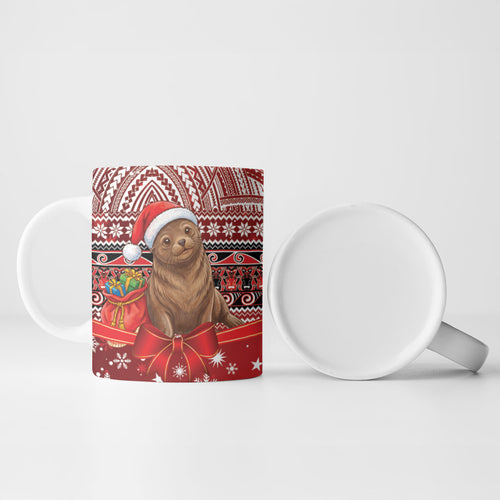 New Zealand Kekeno Seal Christmas Ceramic Mug Maori Inspired Knitted Patterns