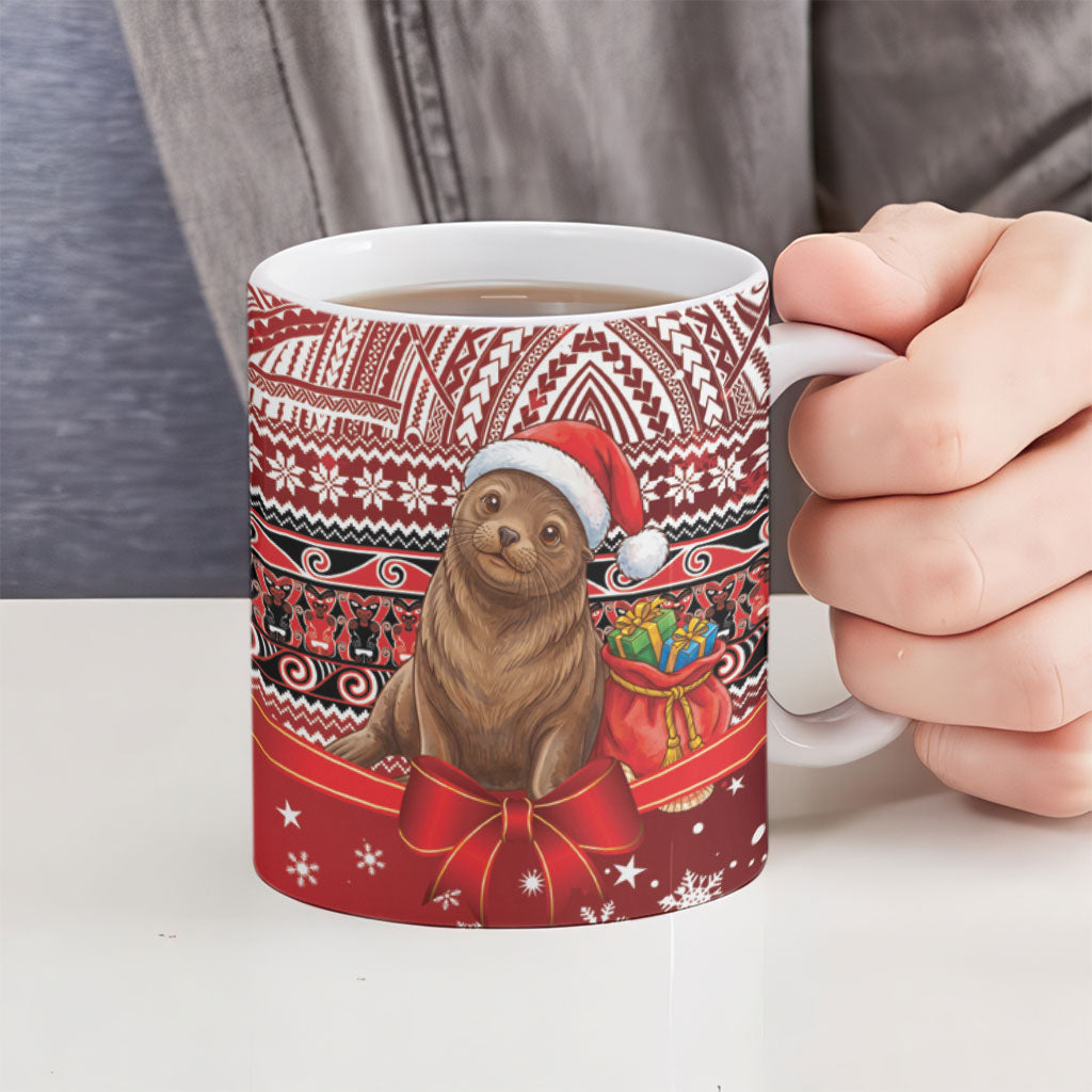 New Zealand Kekeno Seal Christmas Ceramic Mug Maori Inspired Knitted Patterns
