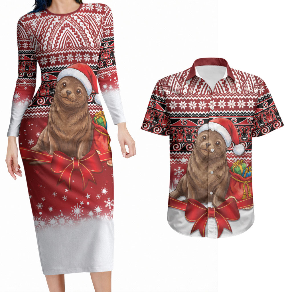 New Zealand Kekeno Seal Christmas Couples Matching Long Sleeve Bodycon Dress and Hawaiian Shirt Maori Inspired Knitted Patterns