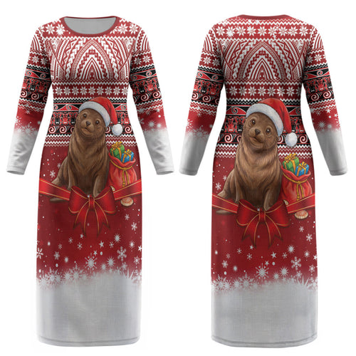 New Zealand Kekeno Seal Christmas Couples Matching Long Sleeve Bodycon Dress and Hawaiian Shirt Maori Inspired Knitted Patterns
