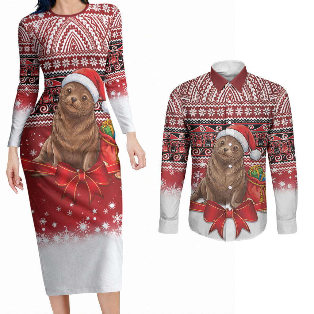 New Zealand Kekeno Seal Christmas Couples Matching Long Sleeve Bodycon Dress and Long Sleeve Button Shirt Maori Inspired Knitted Patterns