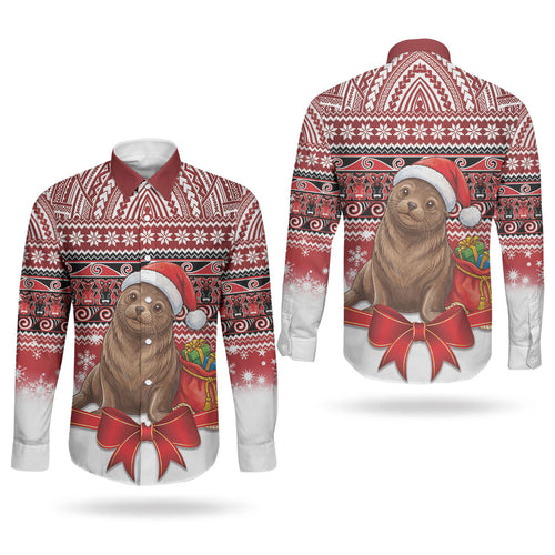 New Zealand Kekeno Seal Christmas Couples Matching Long Sleeve Bodycon Dress and Long Sleeve Button Shirt Maori Inspired Knitted Patterns