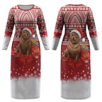 New Zealand Kekeno Seal Christmas Couples Matching Long Sleeve Bodycon Dress and Long Sleeve Button Shirt Maori Inspired Knitted Patterns