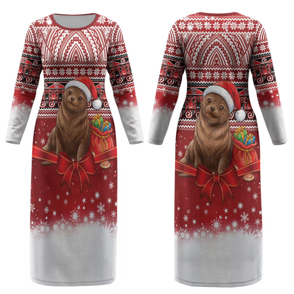 New Zealand Kekeno Seal Christmas Couples Matching Long Sleeve Bodycon Dress and Long Sleeve Button Shirt Maori Inspired Knitted Patterns