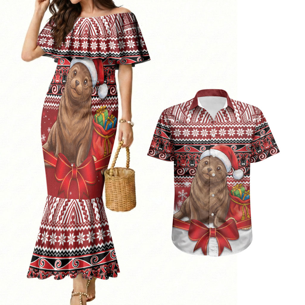 New Zealand Kekeno Seal Christmas Couples Matching Mermaid Dress and Hawaiian Shirt Maori Inspired Knitted Patterns