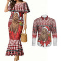 New Zealand Kekeno Seal Christmas Couples Matching Mermaid Dress and Long Sleeve Button Shirt Maori Inspired Knitted Patterns