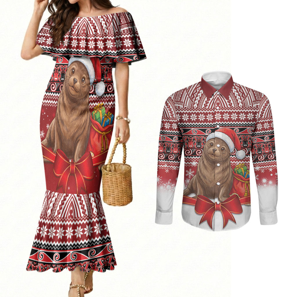 New Zealand Kekeno Seal Christmas Couples Matching Mermaid Dress and Long Sleeve Button Shirt Maori Inspired Knitted Patterns