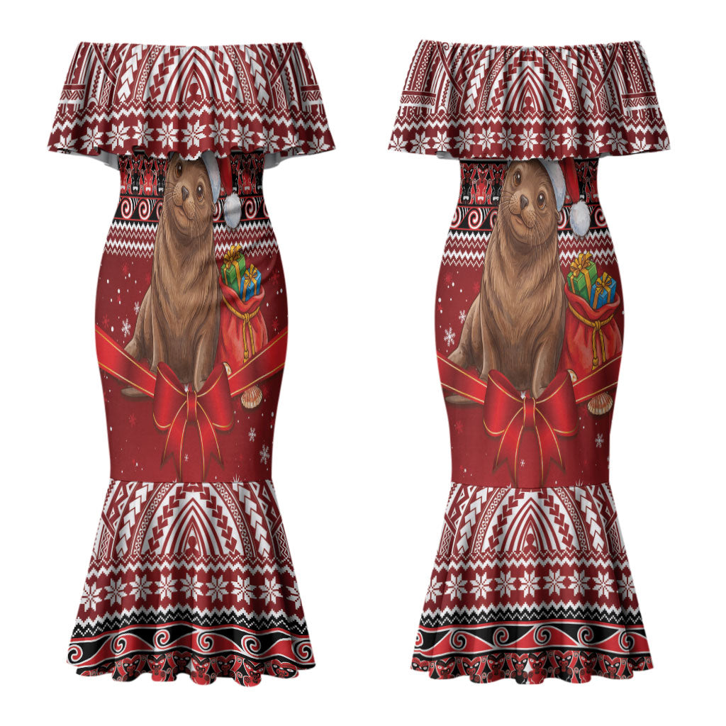 New Zealand Kekeno Seal Christmas Couples Matching Mermaid Dress and Long Sleeve Button Shirt Maori Inspired Knitted Patterns