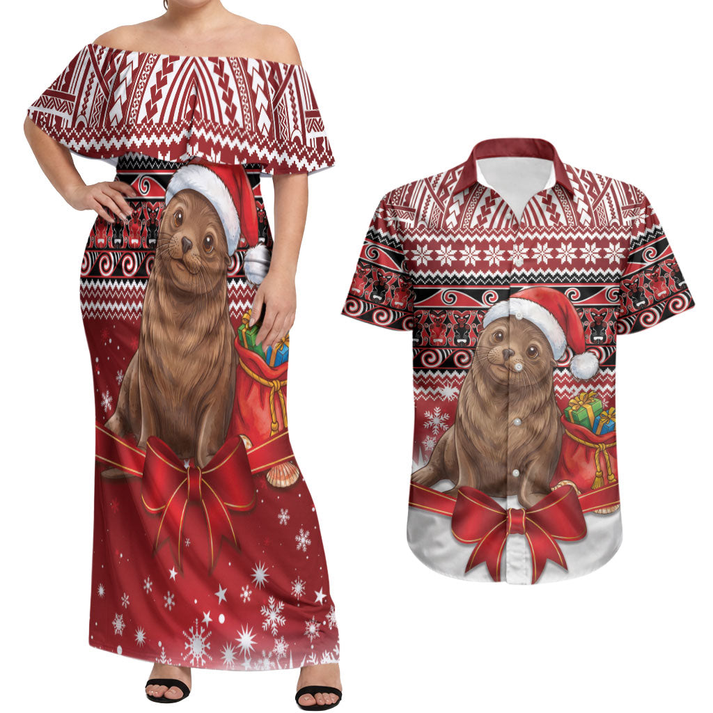 New Zealand Kekeno Seal Christmas Couples Matching Off Shoulder Maxi Dress and Hawaiian Shirt Maori Inspired Knitted Patterns