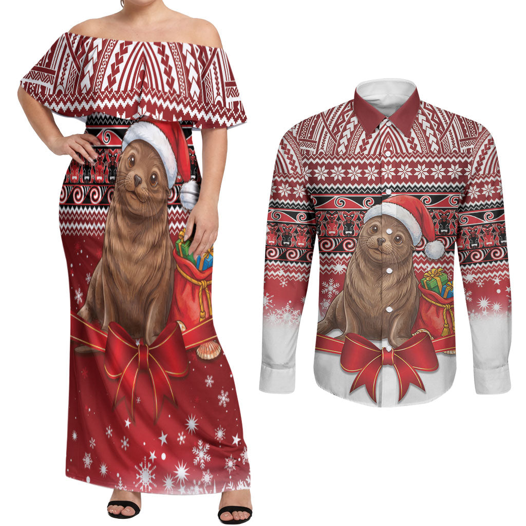 New Zealand Kekeno Seal Christmas Couples Matching Off Shoulder Maxi Dress and Long Sleeve Button Shirt Maori Inspired Knitted Patterns