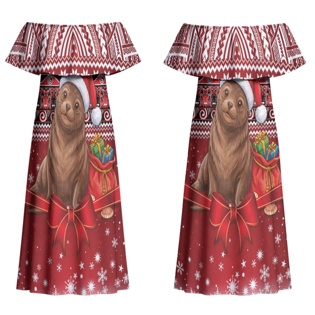 New Zealand Kekeno Seal Christmas Couples Matching Off Shoulder Maxi Dress and Long Sleeve Button Shirt Maori Inspired Knitted Patterns