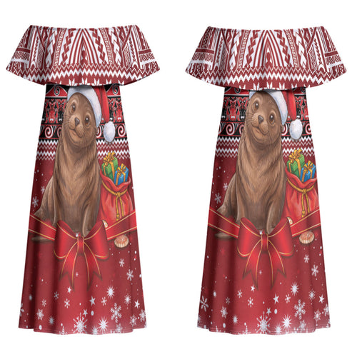 New Zealand Kekeno Seal Christmas Couples Matching Off Shoulder Maxi Dress and Long Sleeve Button Shirt Maori Inspired Knitted Patterns