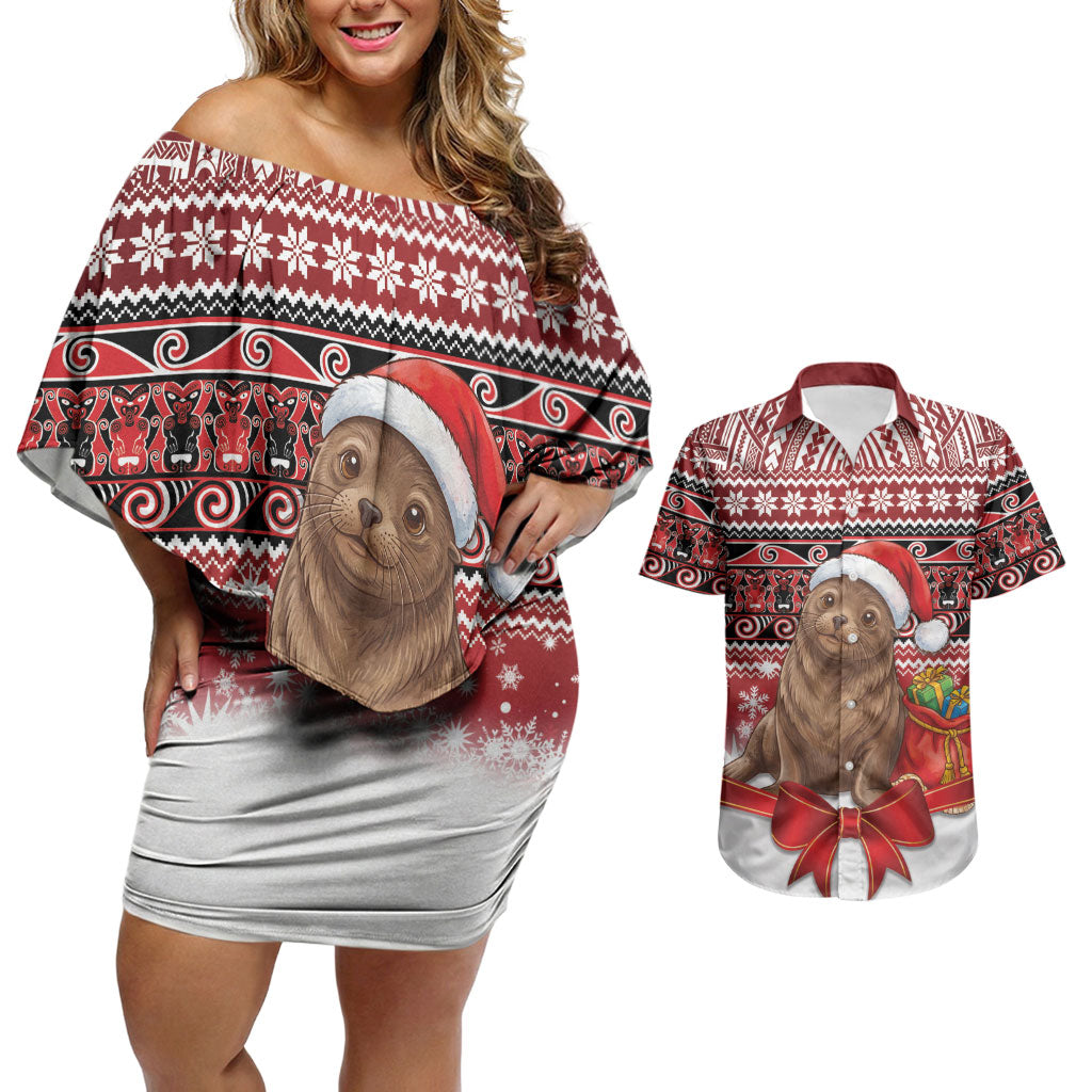 New Zealand Kekeno Seal Christmas Couples Matching Off Shoulder Short Dress and Hawaiian Shirt Maori Inspired Knitted Patterns